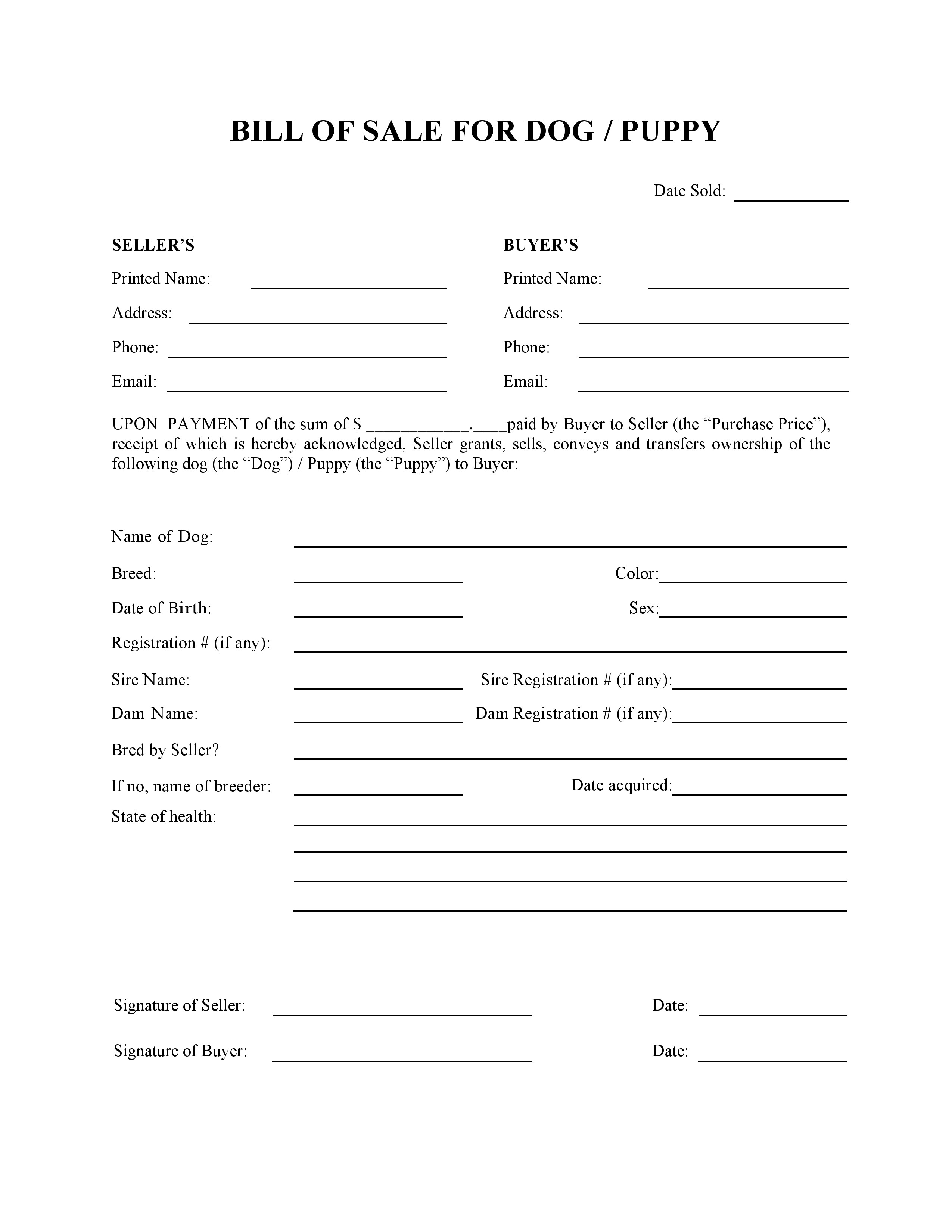 Free Dog or Puppy Bill of Sale Form PDF DOCX
