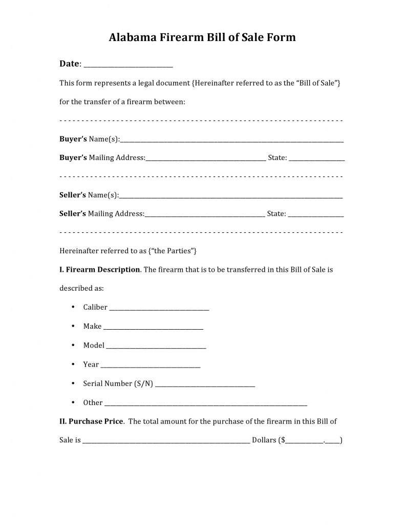 Free Alabama Firearm Bill Of Sale Form PDF DOCX