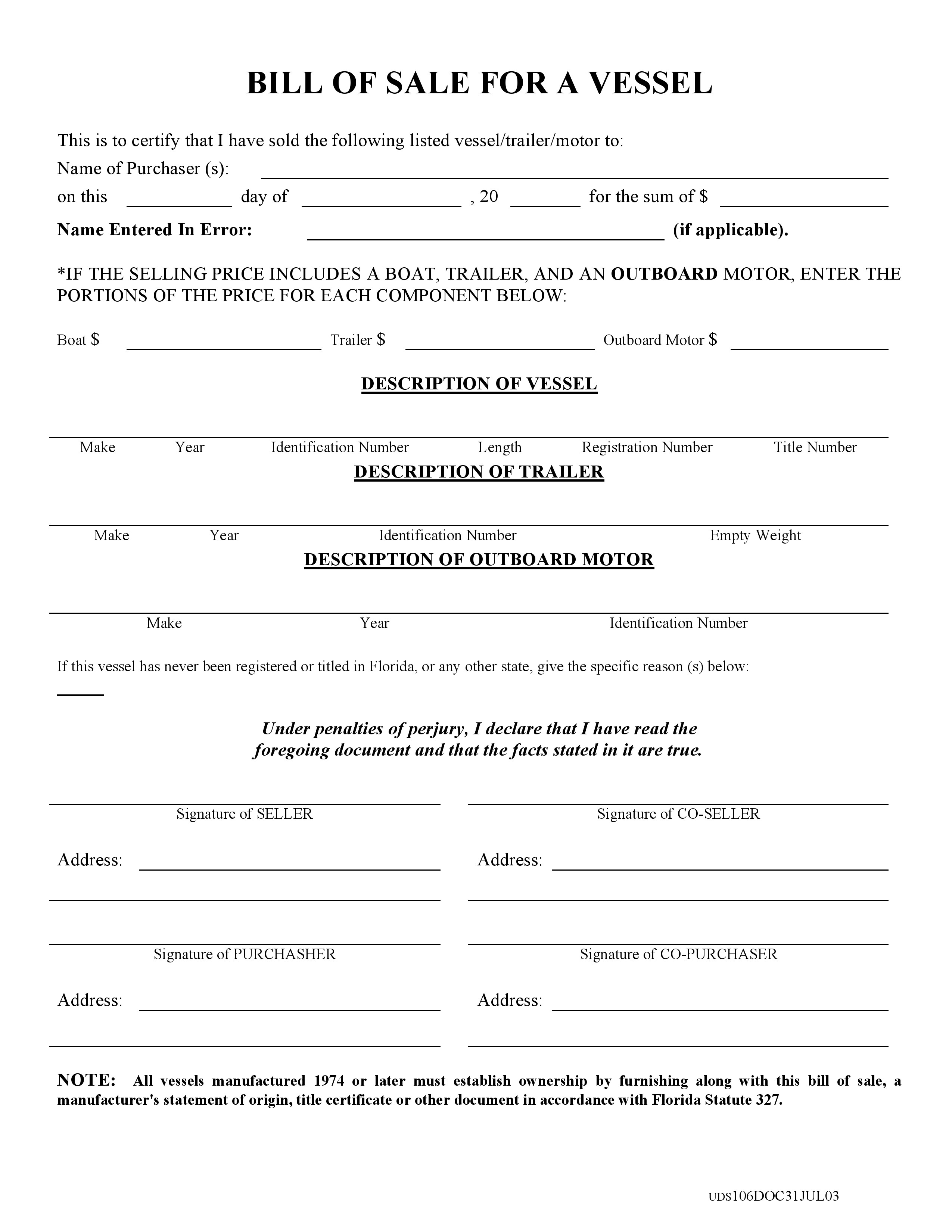 Free Florida Boat Bill of Sale Form PDF DOCX