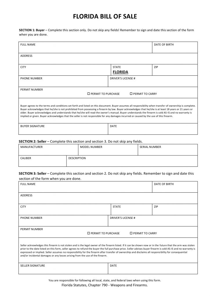 Free Florida Firearm Bill of Sale Form PDF DOCX