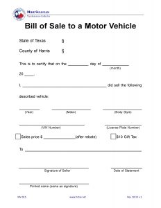 Harris County, Texas Motor Vehicle Bill of Sale - MV-015