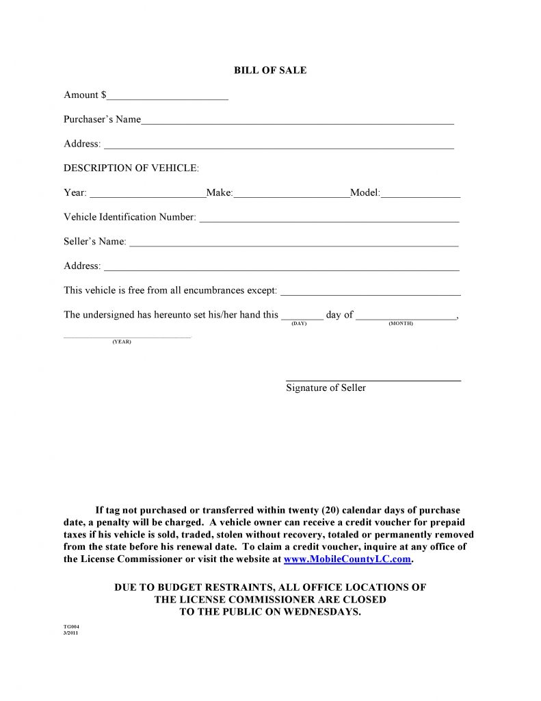 Free Mobile County, Alabama Bill of Sale Form  PDF  DOCX