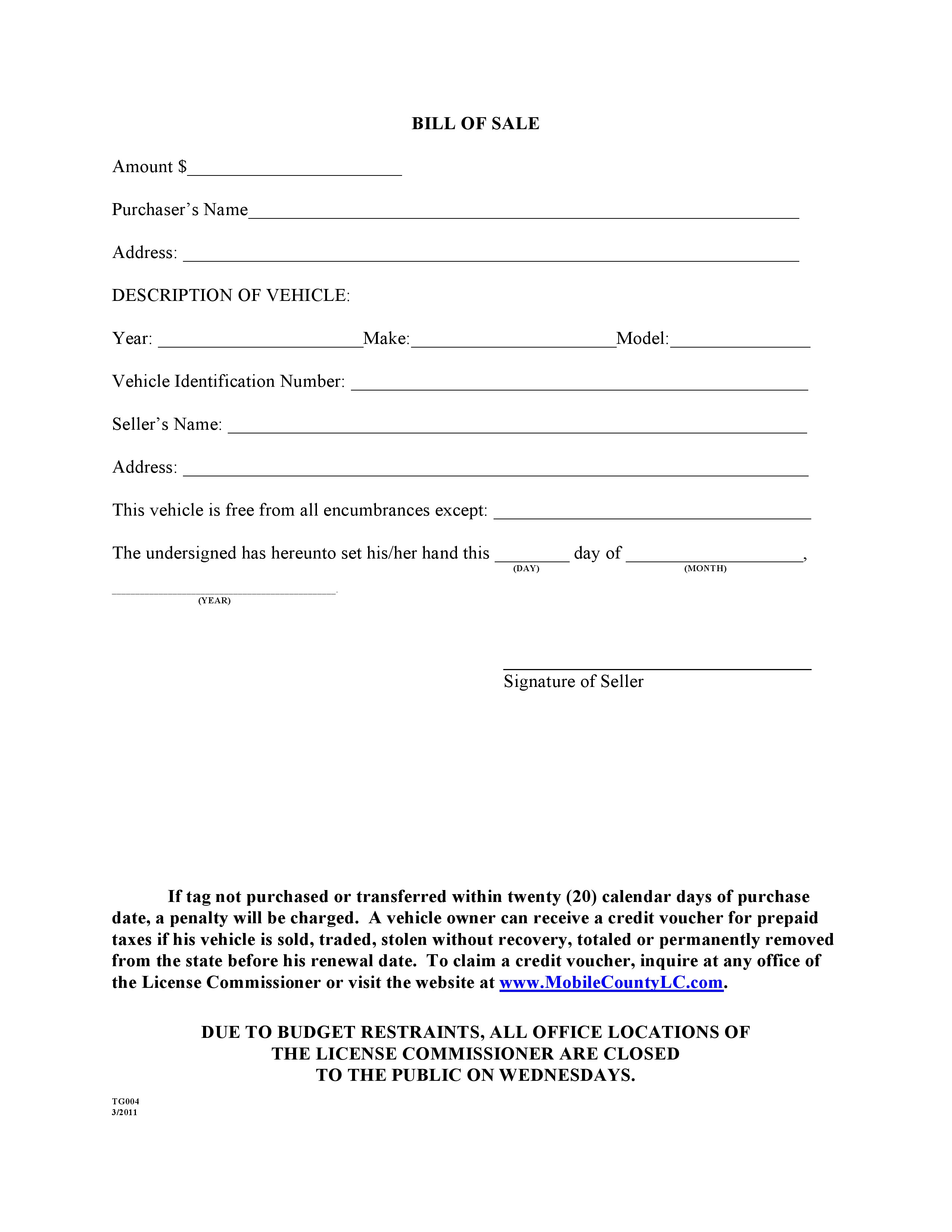 Mobile County, Alabama Bill of Sale Form