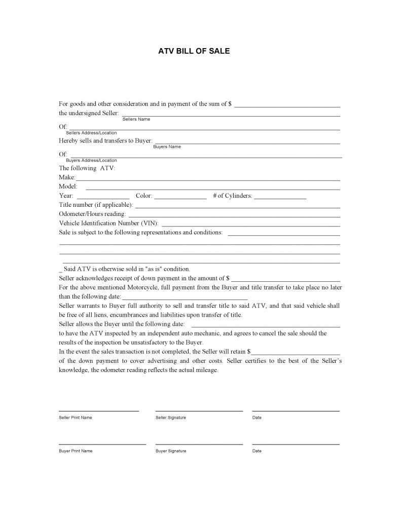 Free ATV Bill Of Sale Form PDF DOCX