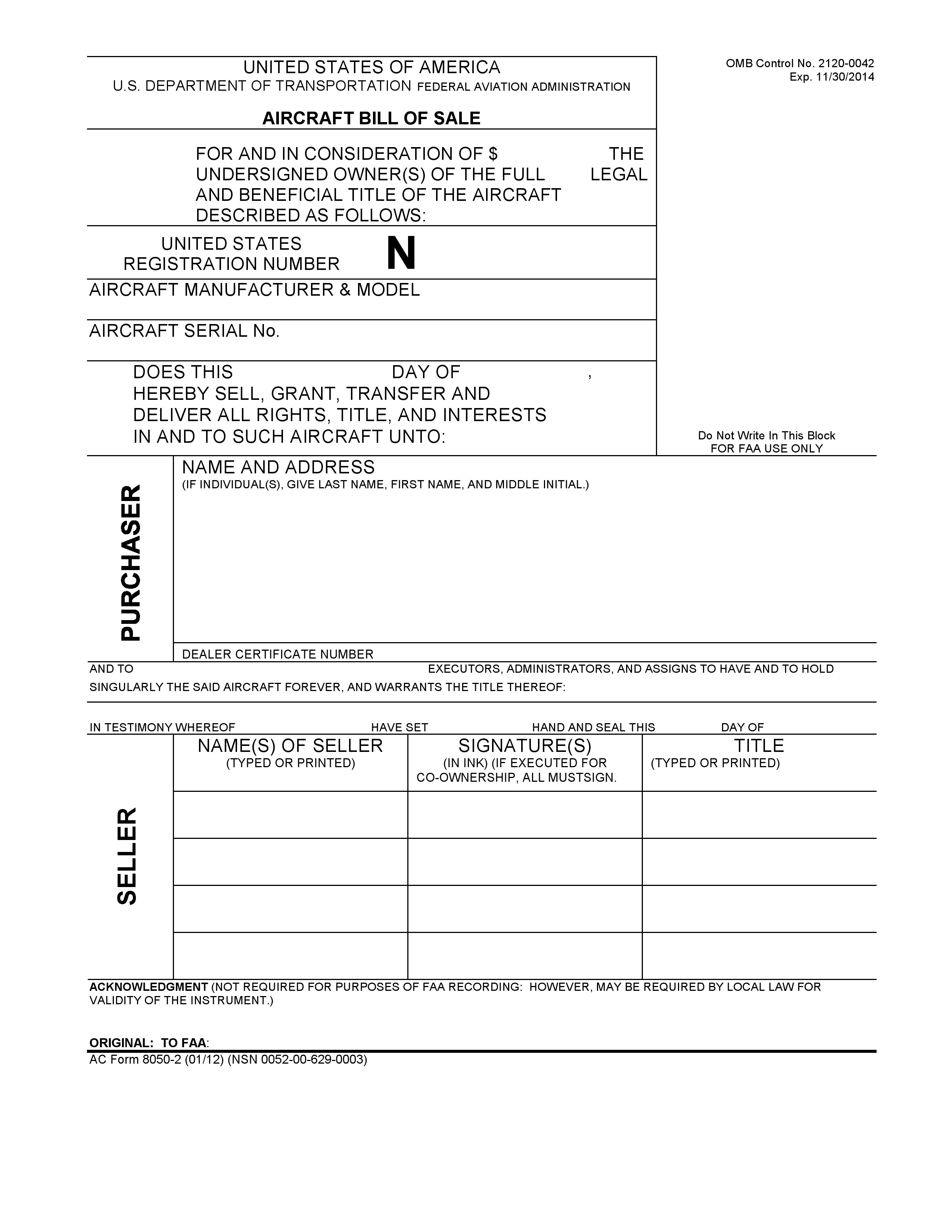 Free Aircraft Bill of Sale Form PDF DOCX