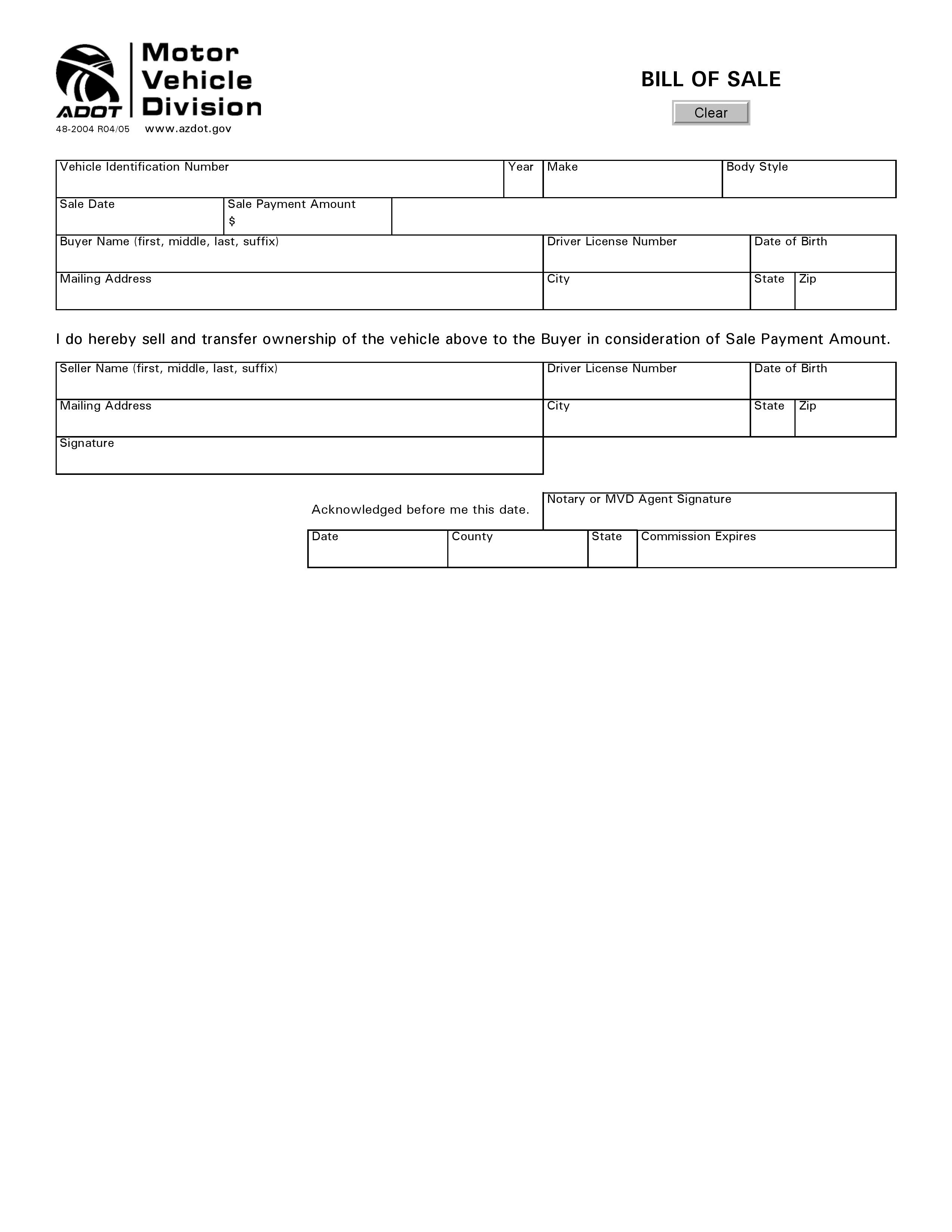 Free Arizona DMV Bill of Sale Form PDF DOCX