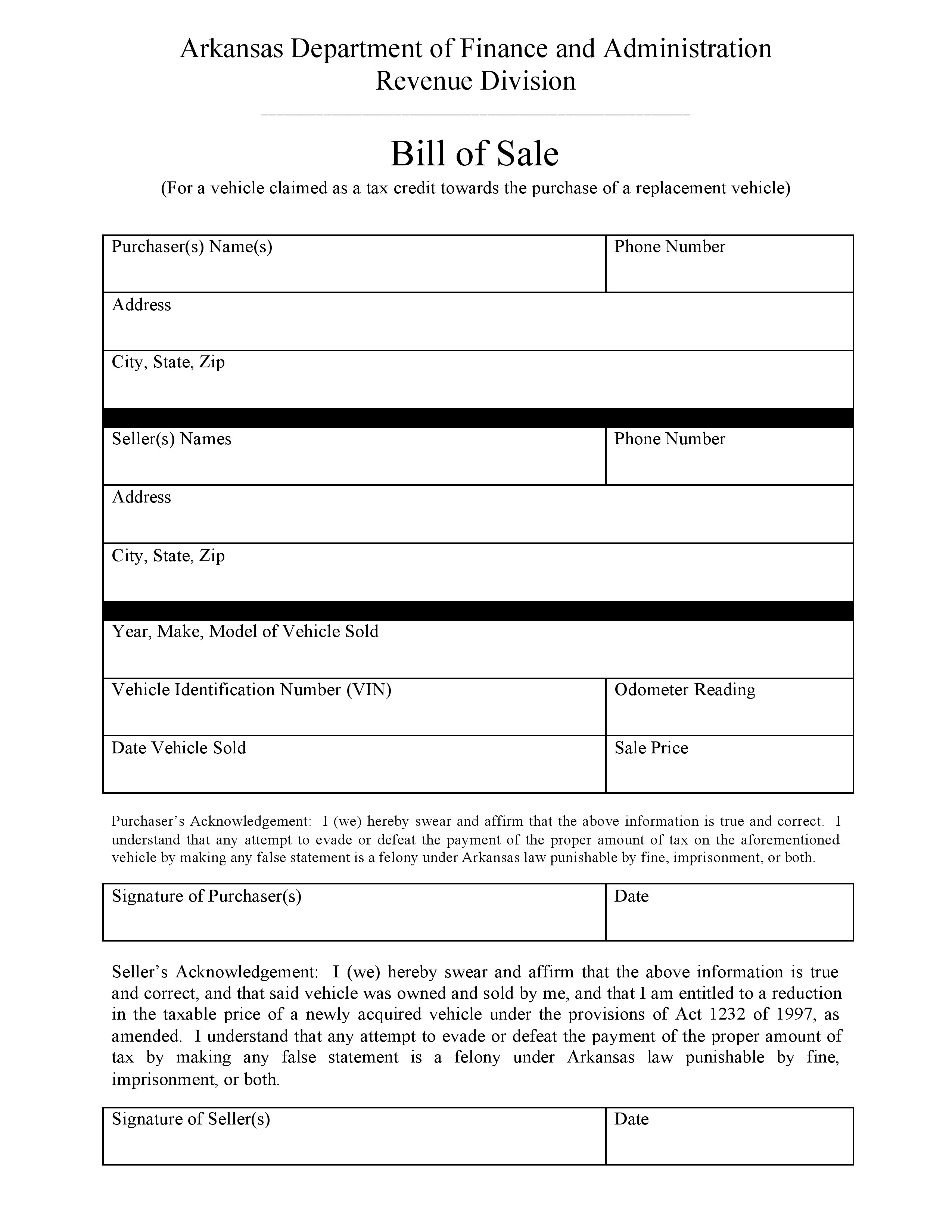 Free Arkansas Dmv Bill Of Sale Form Pdf Docx 2446