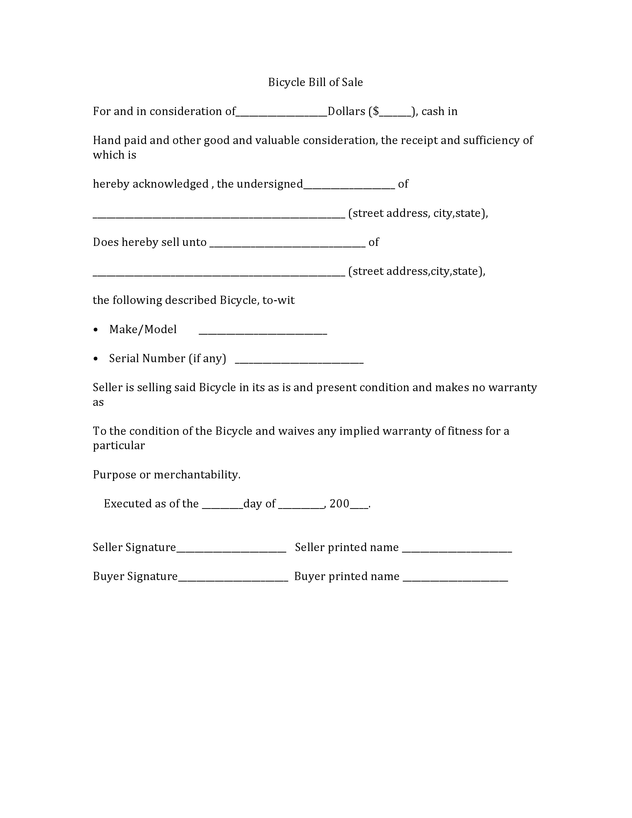 Bicycle Bill of Sale Form