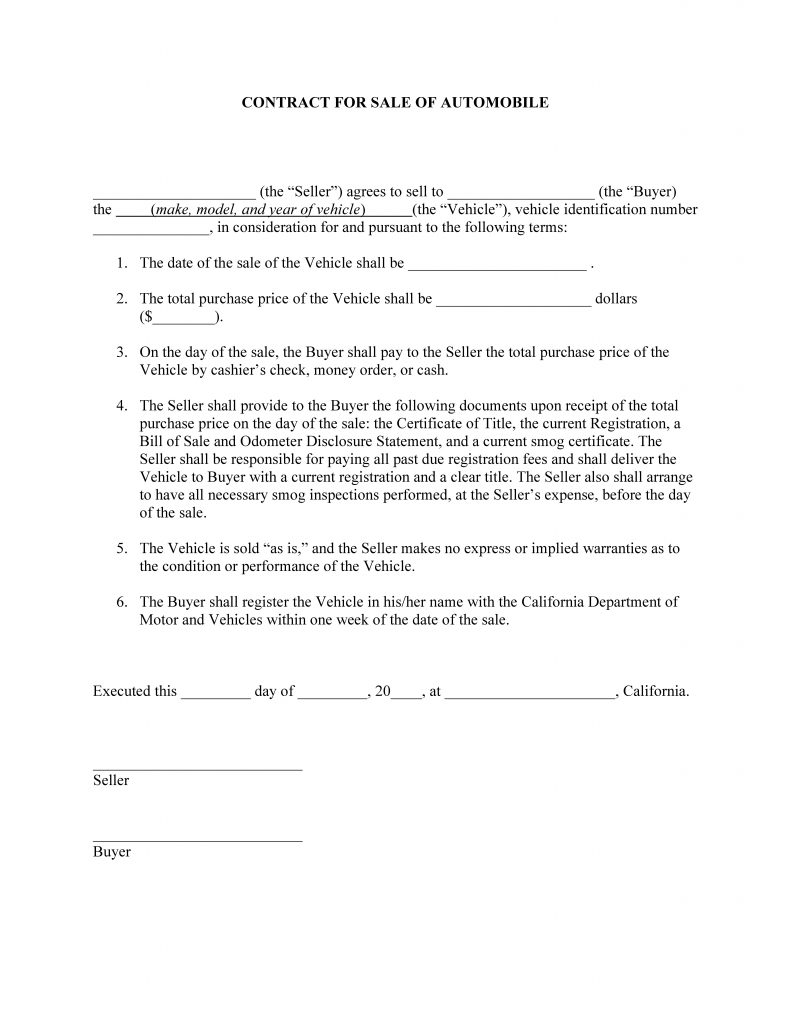Free California Automobile Bill Of Sale Contract PDF DOCX