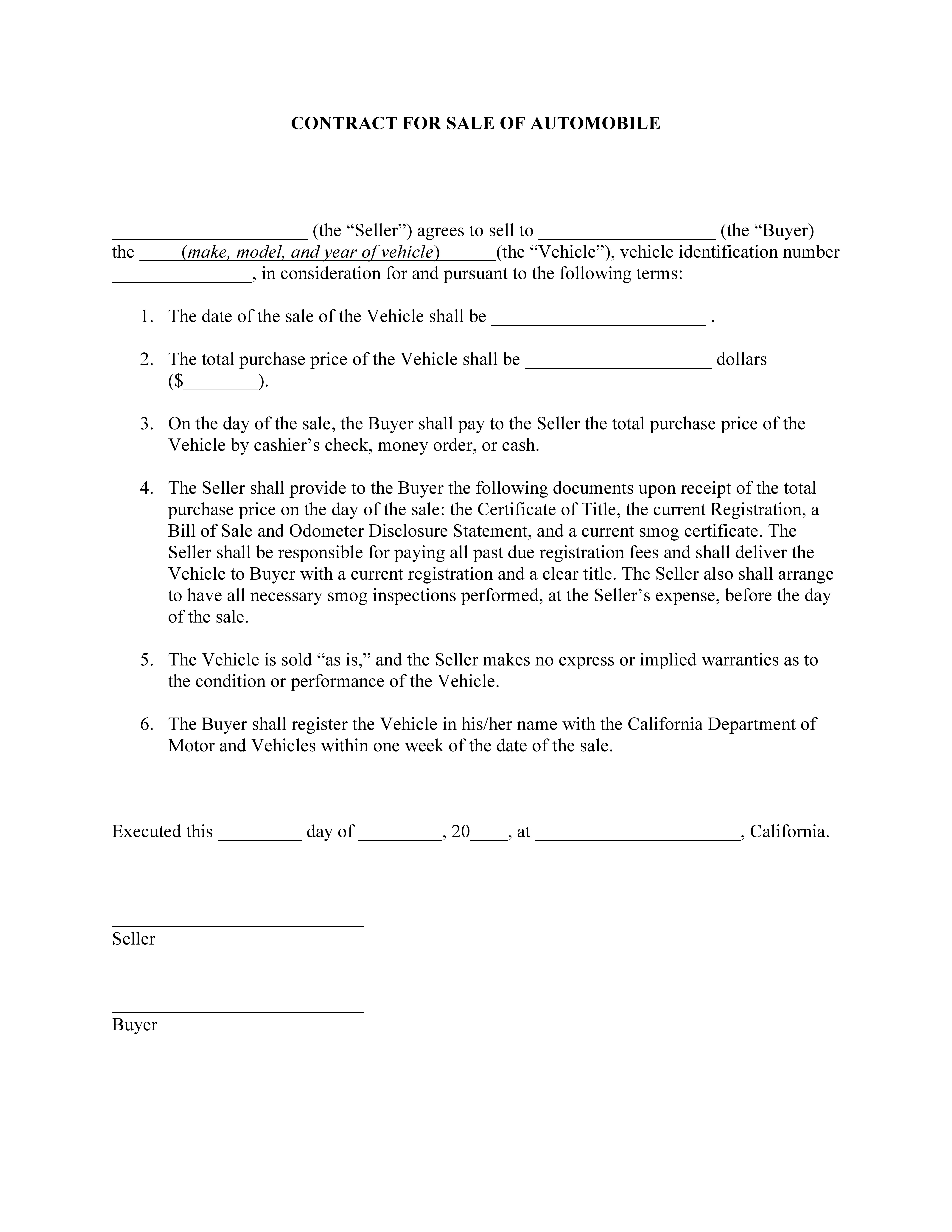 California Automobile Bill of Sale Contract