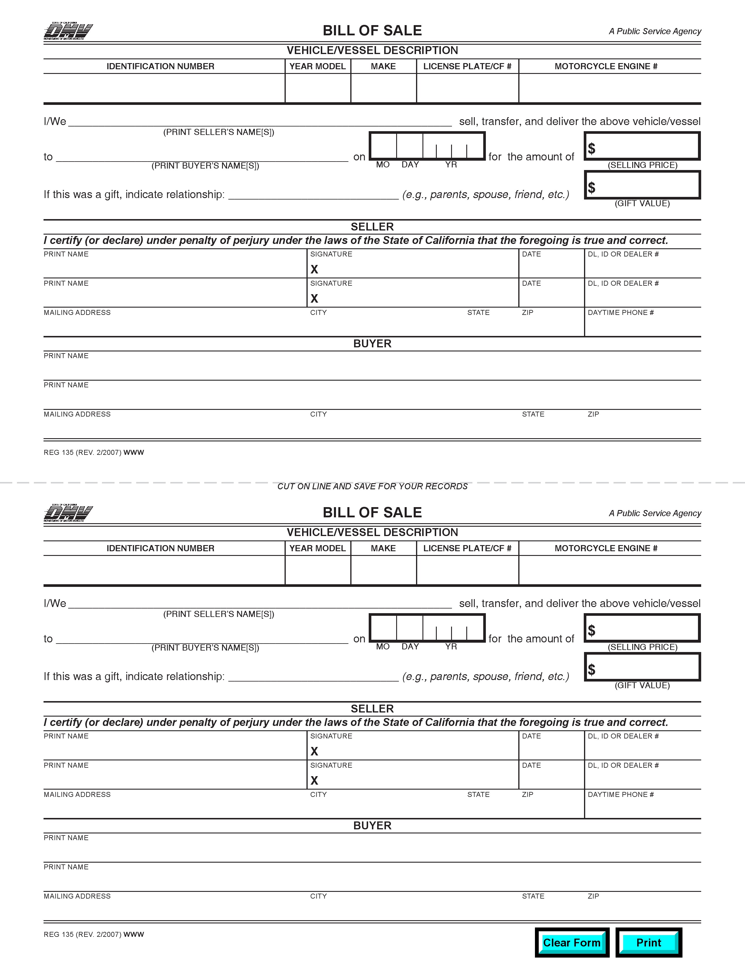 California DMV Bill of Sale Form
