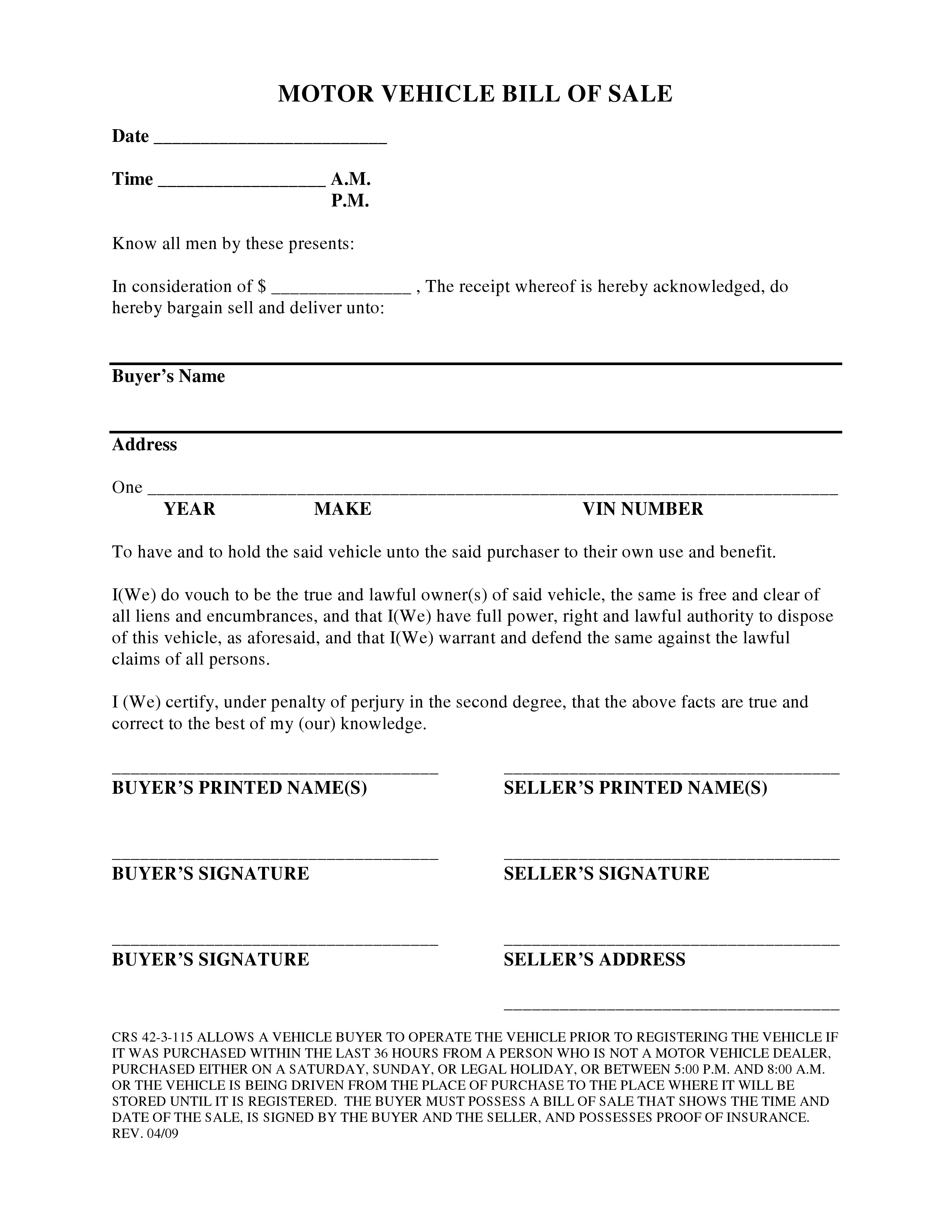 Free Colorado Vehicle Bill of Sale Form PDF DOCX