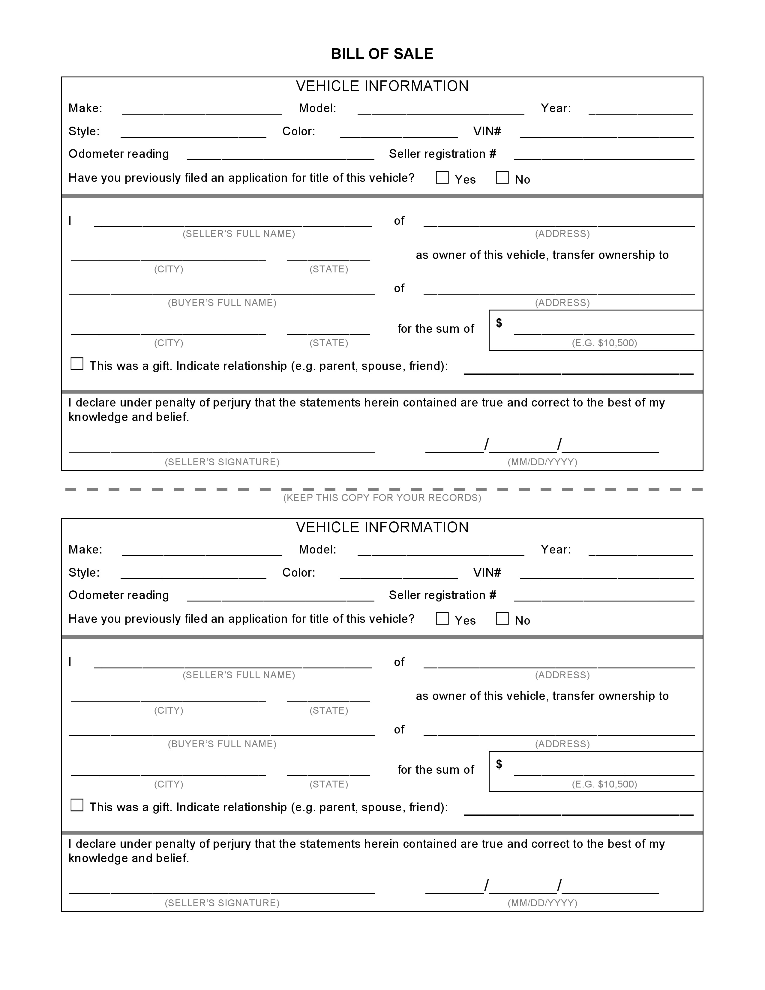 General Blank Vehicle Bill of Sale Form