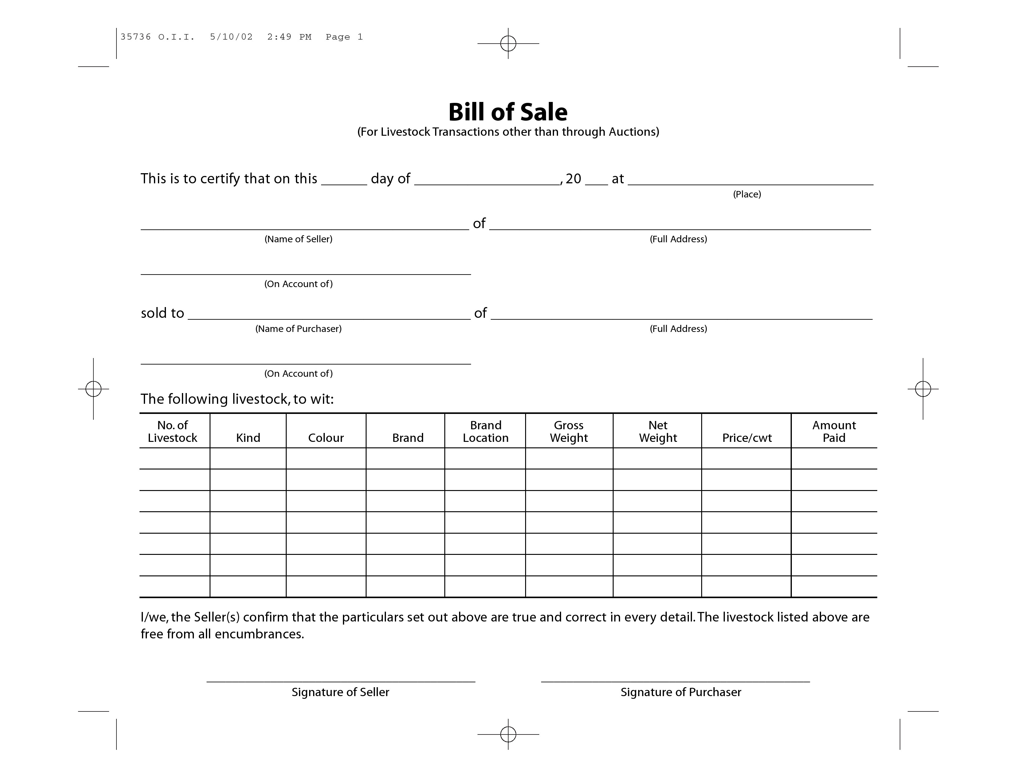 Free Livestock Bill Of Sale Form PDF DOCX